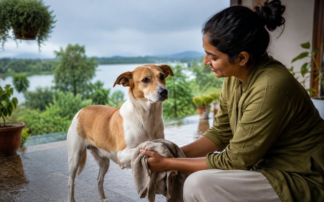 An Indian pet parent dries her dog’s paw on a rain-wet veranda overlooking a green Bhopal lake.