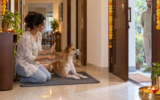 An Indian pet parent rewards an indie dog for staying calmly on a mat while a visitor waits outside the open front door.