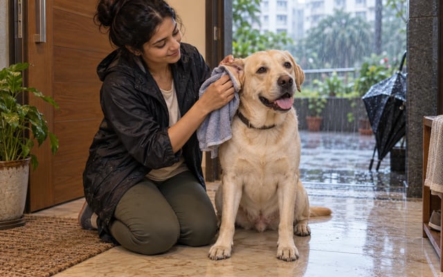 An Indian pet parent gently towel-dries her Labrador's outer ear after a rainy monsoon walk at a Mumbai apartment doorway.