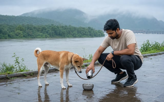A pet parent offers fresh water to an Indie dog beside the rain-washed Krishna River in Vijayawada.