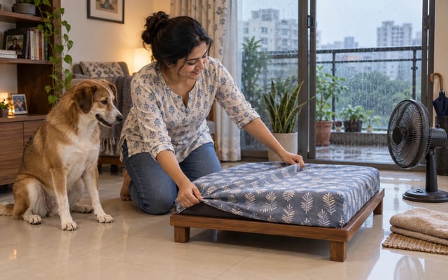 An Indian pet parent fits a clean cover over her dog's raised bed beside a fan while monsoon rain falls outside a Pune apartment.