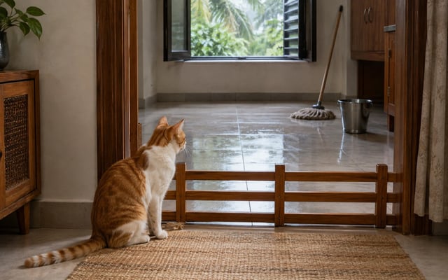 A ginger-and-white cat waits behind a wooden barrier while a freshly mopped floor dries in an Indian home.