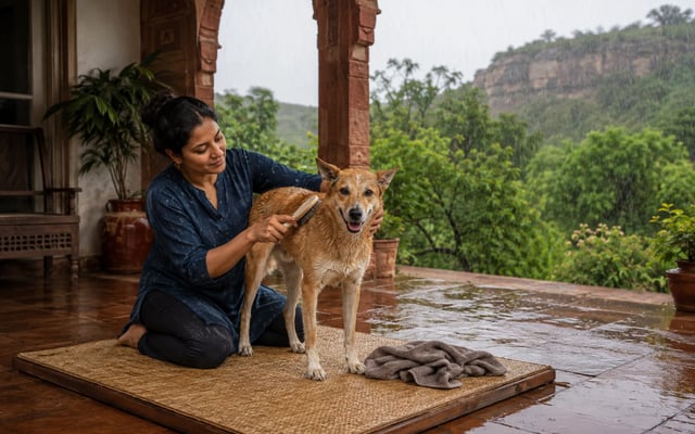 A pet parent brushes a damp Indie dog on a dry woven mat at a rain-soaked red-sandstone home in Gwalior.