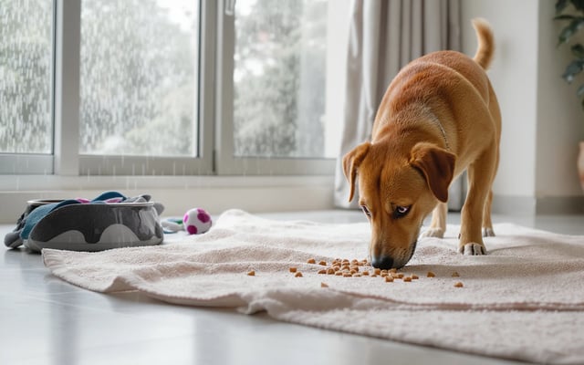 A tan dog using its nose to find kibble on a towel during a rainy indoor enrichment game.