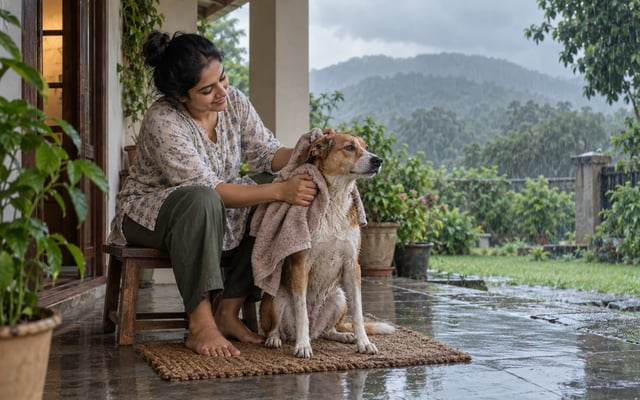 An Indian pet parent towel-dries an indie dog's ears and coat on a Jamshedpur veranda during heavy monsoon rain.
