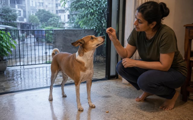 An Indian pet parent rewards an attentive Indie dog for ignoring a treat on the floor beside a rain-soaked Mumbai balcony.