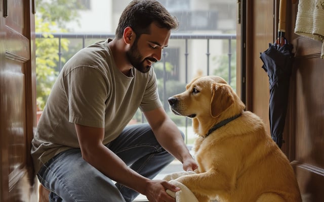 An Indian pet parent gently drying a Labrador's paw with a towel after a rainy monsoon walk.