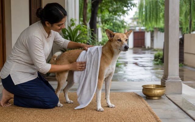 A Moradabad pet parent towel-dries an Indie dog's coat on a veranda after monsoon rain.