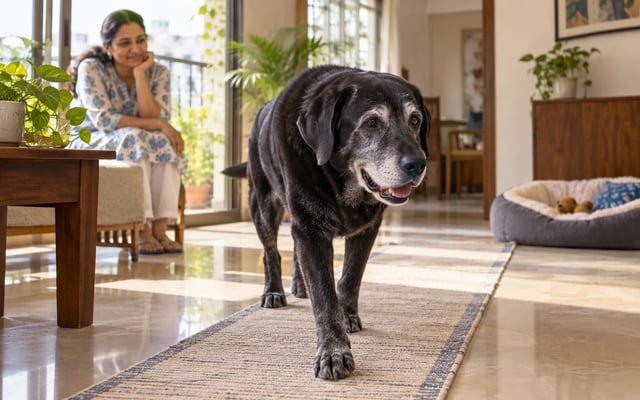 A grey-muzzled black Labrador walks across a non-slip runner in a sunlit Indian apartment while his caregiver watches attentively.