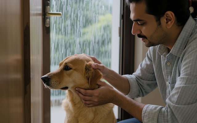 An Indian pet parent gently checking behind a dog's ear for ticks after a rainy monsoon walk.