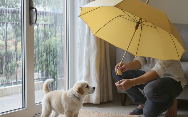 A curious young puppy calmly exploring an open umbrella indoors with its owner during monsoon.