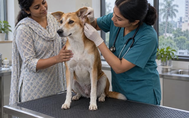 A veterinarian examines the skin behind a calm Indie dog's ear as his caregiver reassures him in a post-monsoon Indian clinic.