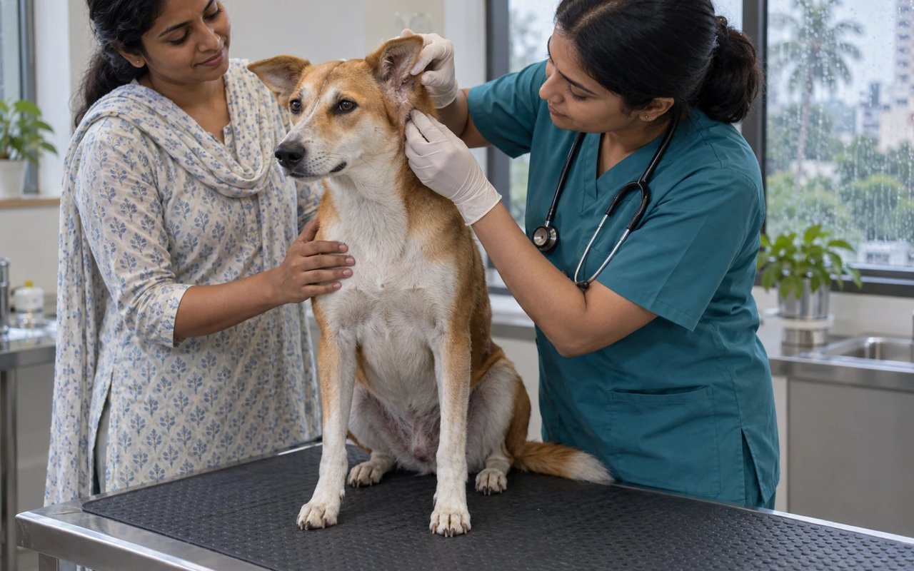 A veterinarian examines the skin behind a calm Indie dog's ear as his caregiver reassures him in a post-monsoon Indian clinic.