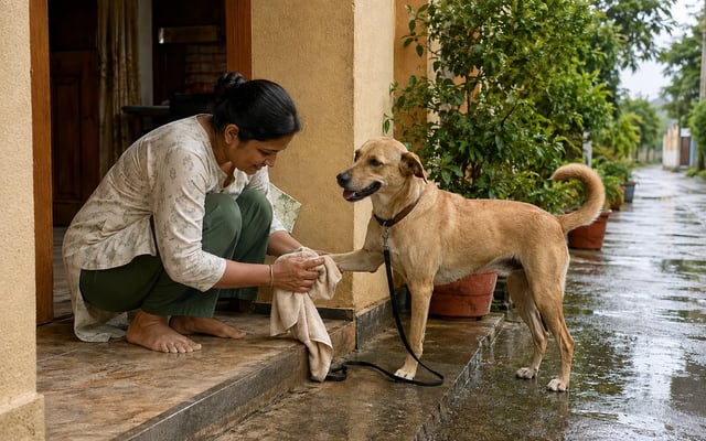 A Solapur pet parent gently towel-dries an Indie dog's paw at a sheltered doorway after a short monsoon shower.