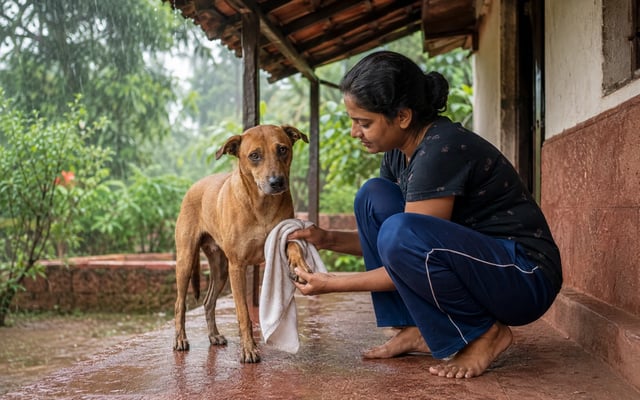 A pet parent dries an Indian pariah dog's muddy paw on a rain-washed veranda in Hubli-Dharwad.