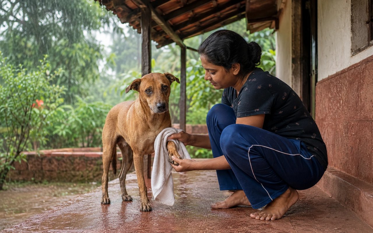 A pet parent dries an Indian pariah dog's muddy paw on a rain-washed veranda in Hubli-Dharwad.