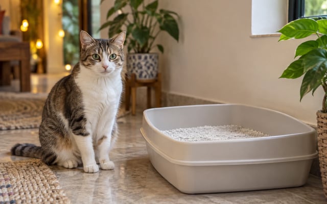 A calm tabby-and-white cat sits beside a clean litter tray in a quiet Indian home with softly blurred festival lights.