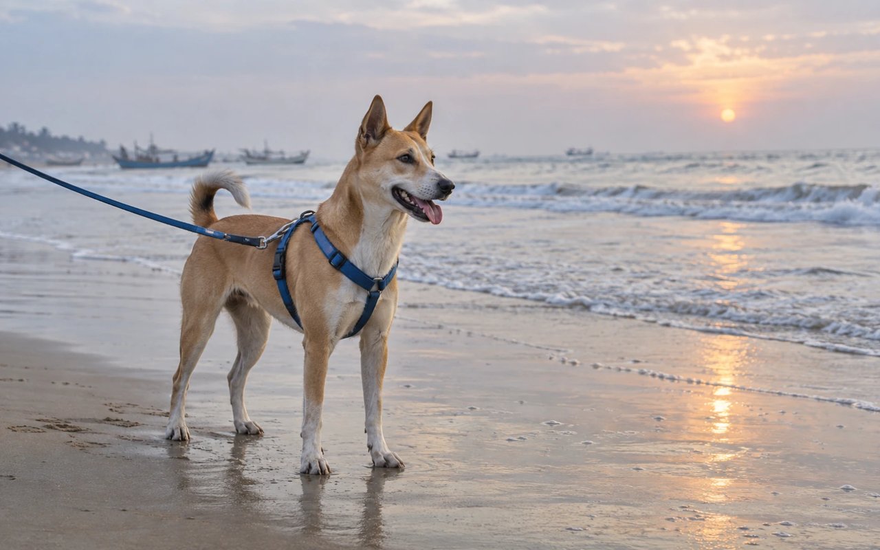 A tan-and-white Indie dog in a blue harness and leash stands on cool wet sand at sunrise along Chennai's Bay of Bengal coast.