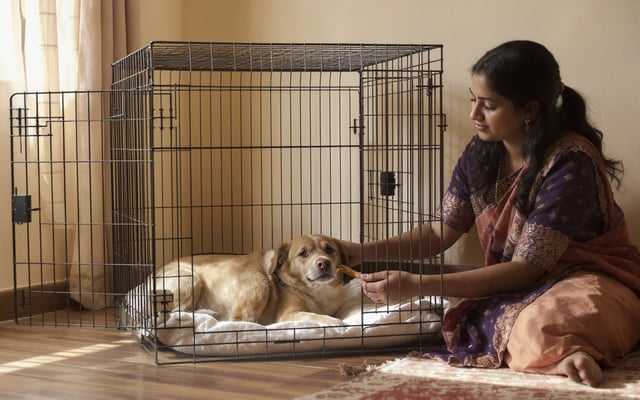 A relaxed dog rests inside an open crate while a woman calmly offers a reward in an Indian home.
