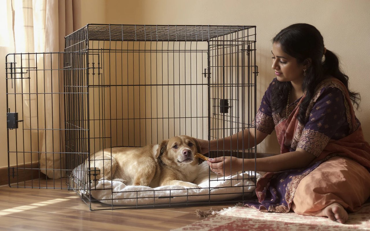 A relaxed dog rests inside an open crate while a woman calmly offers a reward in an Indian home.