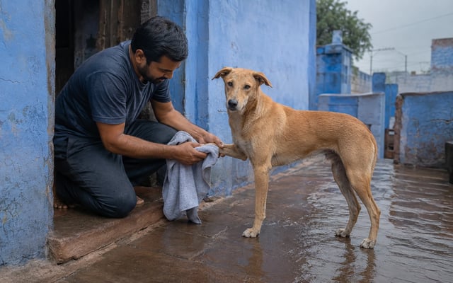 A pet parent dries an Indian pariah dog's paws beside a blue Jodhpur home after monsoon rain.