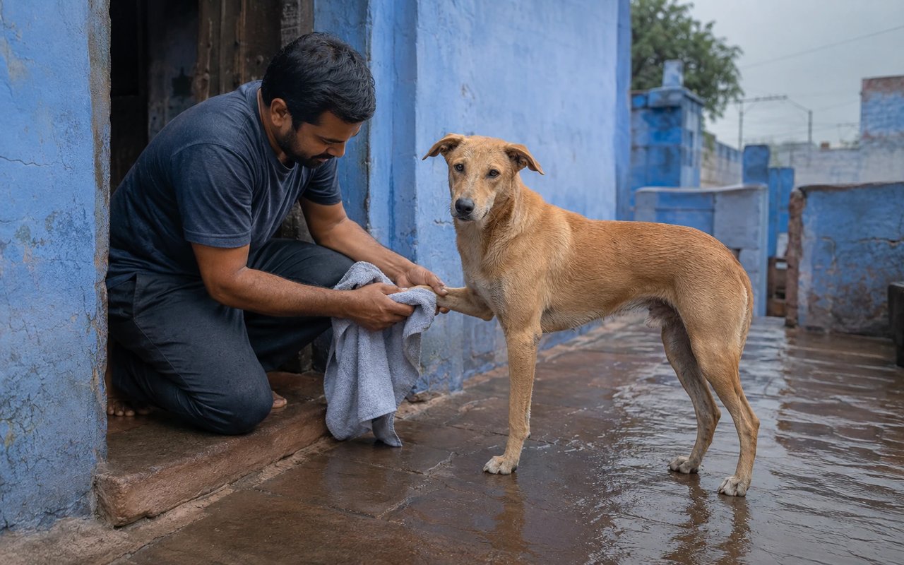 A pet parent dries an Indian pariah dog's paws beside a blue Jodhpur home after monsoon rain.
