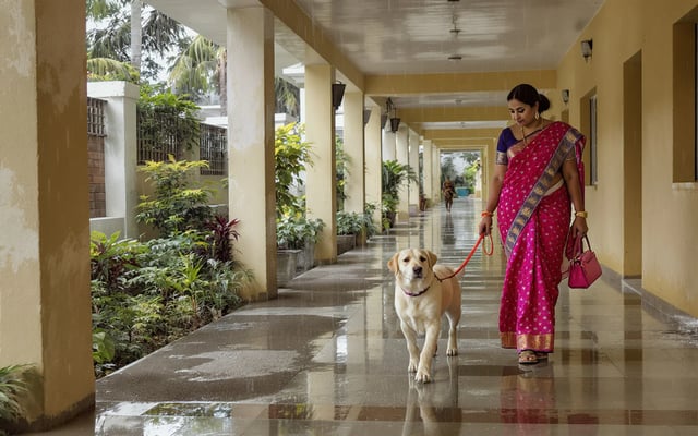 A woman walks a yellow Labrador on a loose leash under a covered corridor during monsoon rain.