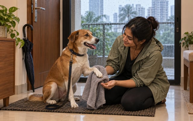 An Indian pet parent gently dries her Indie dog’s offered paw with a towel at the doorway after a rainy monsoon walk.