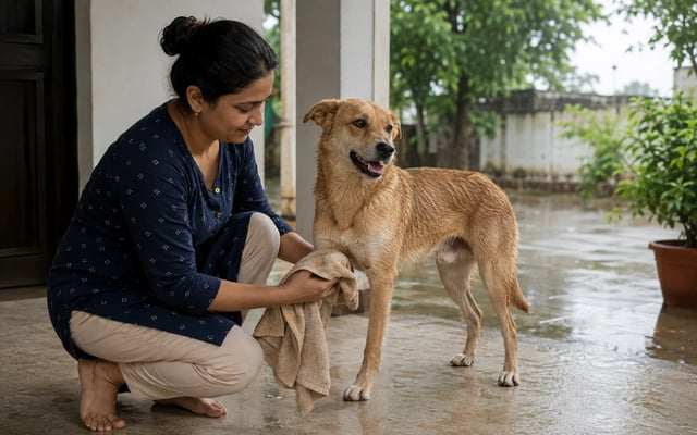 An Aligarh pet parent towel-dries an Indie dog's paws on a sheltered veranda after monsoon rain.