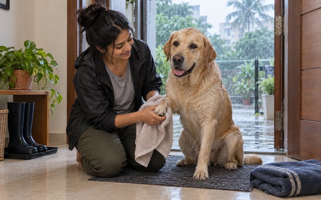 An Indian pet parent gently towel-dries a wet Labrador's paw inside a Mumbai home after a monsoon walk.