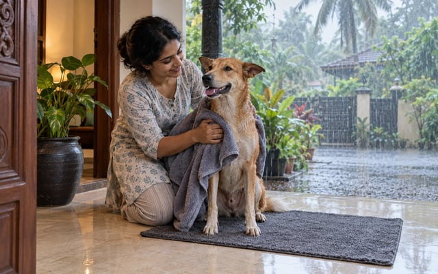 An Indian pet parent towel-dries a damp indie dog at the doorway of a Kerala home while monsoon rain falls outside.