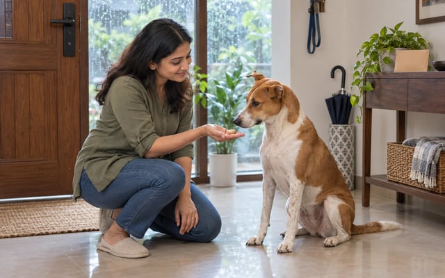 An Indian pet parent offers a deworming chew to her seated Indie dog by a rain-streaked window during monsoon.