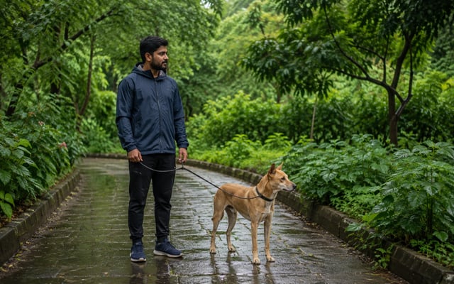 A Jabalpur pet parent holds a leashed Indian pariah dog on a clear, rain-wet path during a safe monsoon walk.