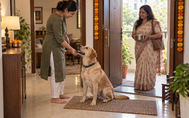 A Labrador mix waits calmly on a mat as its pet parent rewards it and a guest arrives at an Indian home decorated for festival season.