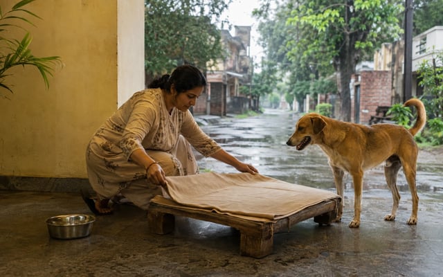 An Indian resident prepares a dry raised bed for an Indie dog under a sheltered Kanpur veranda during monsoon rain.