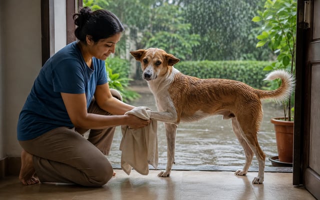 An Indian pet parent dries an Indie dog's paw with a towel at a Bengaluru home doorway while monsoon rain falls outside.