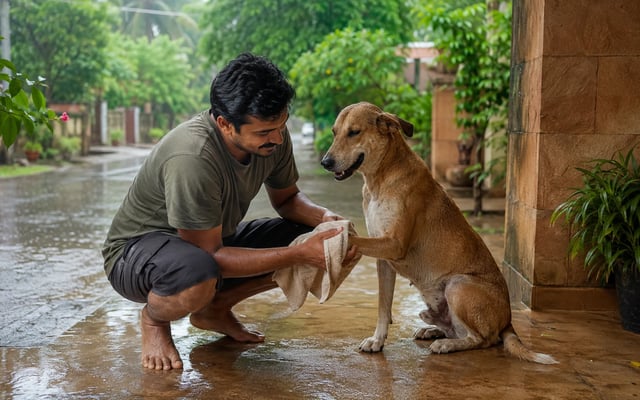 An Indian pet parent gently dries an Indie dog's paw after a monsoon walk on a rain-wet Bhubaneswar veranda.