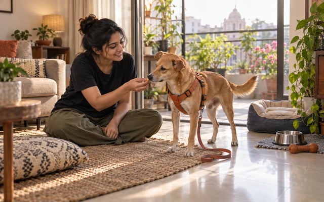 An Indore pet parent offering a treat to her newly adopted Indie dog beside a prepared bed and bowl