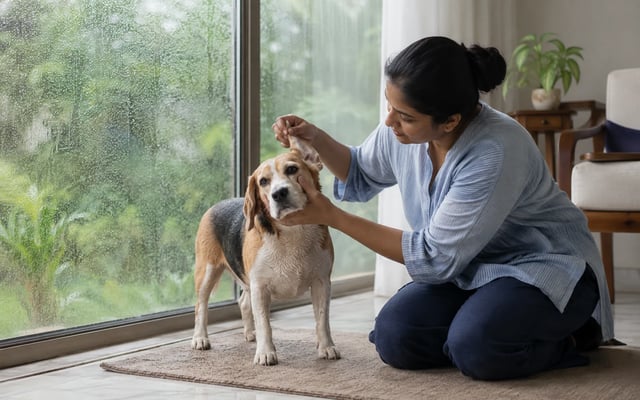A woman gently checks her beagle's ear beside a rain-streaked window during Bareilly's monsoon.