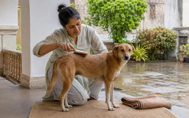 A Rajkot pet parent brushes a damp Indian pariah dog on a sheltered veranda beside a rain-wet courtyard.