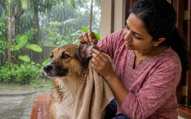 A Kochi pet parent towel-dries a rain-damp dog and checks the healthy skin behind its ear during the monsoon.
