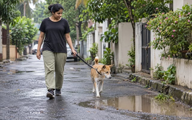 An Indian pet parent guides an Indie dog around a rainwater puddle on a wet residential lane after the monsoon.