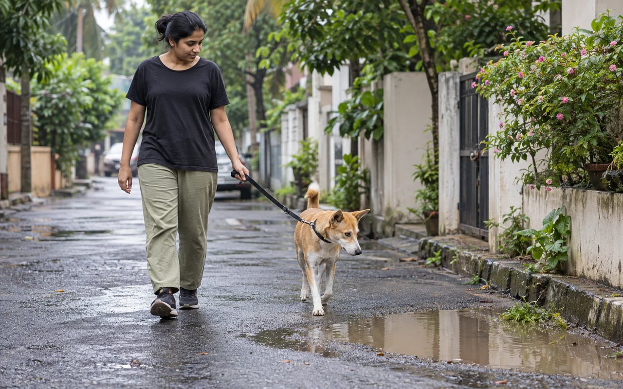 An Indian pet parent guides an Indie dog around a rainwater puddle on a wet residential lane after the monsoon.