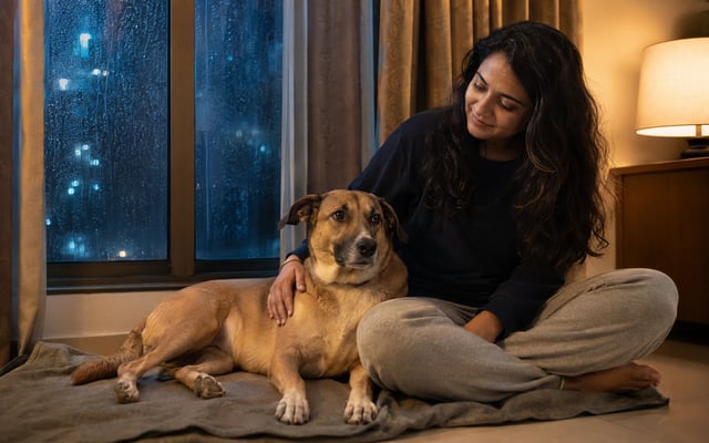An Indian pet parent calmly comforts a mixed-breed dog in a warm indoor haven during a rainy Mumbai monsoon night.