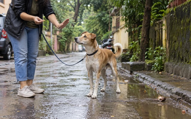 An Indian pet parent practices the leave it cue with an Indie dog beside a food scrap on a rain-wet street.