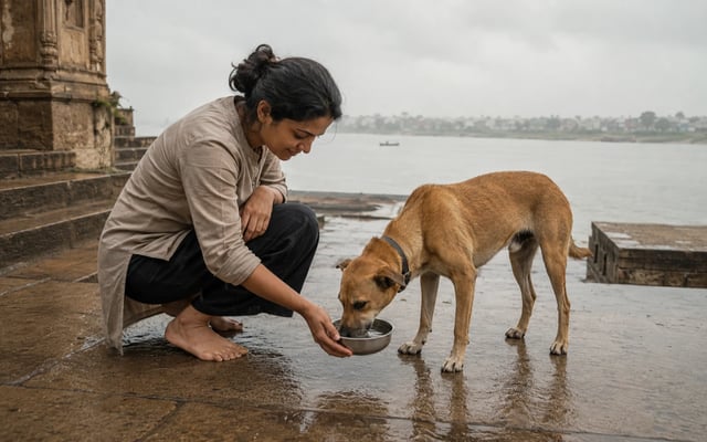 A Varanasi pet parent offers fresh water to an Indian pariah dog on a rain-wet upper ghat beside the Ganga.