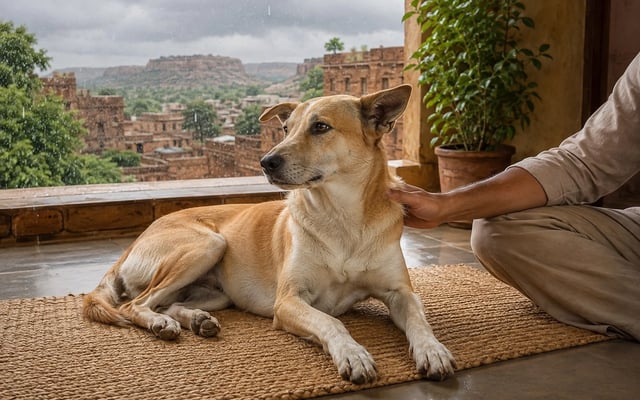 An Indian pariah dog rests beside its owner in a dry Kota home while warm monsoon rain falls outside.