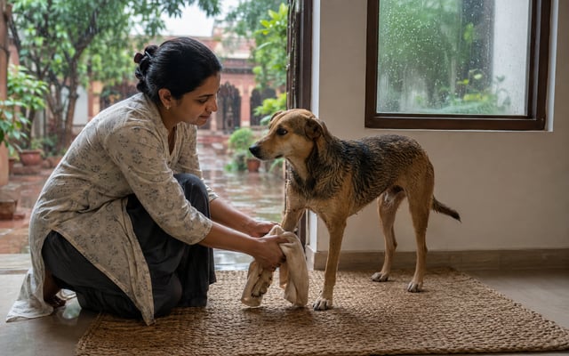 An Indian pet parent gently towel-dries a wet Indie dog's paw at the doorway of an Agra home during monsoon rain.