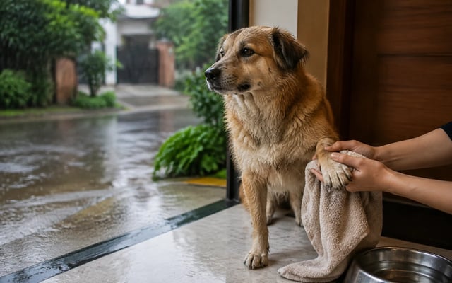 A pet parent towel-dries a wet dog's paw by a doorway during monsoon rain in Jalandhar.