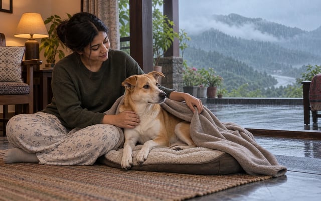 An Indian pet parent comforts an alert Indie dog in a quiet Jammu home while monsoon rain falls over the green Shivalik foothills outside.